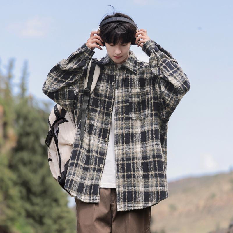 

2024 Trendy Retro Plaid Boy s Long-Sleeve Casual Loose Fit Shirt XXXL чёрный