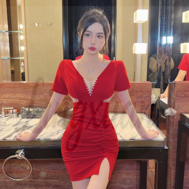 

Sexy Mesh Splice Slim Bodycon Short-Sleeve Dress L красный