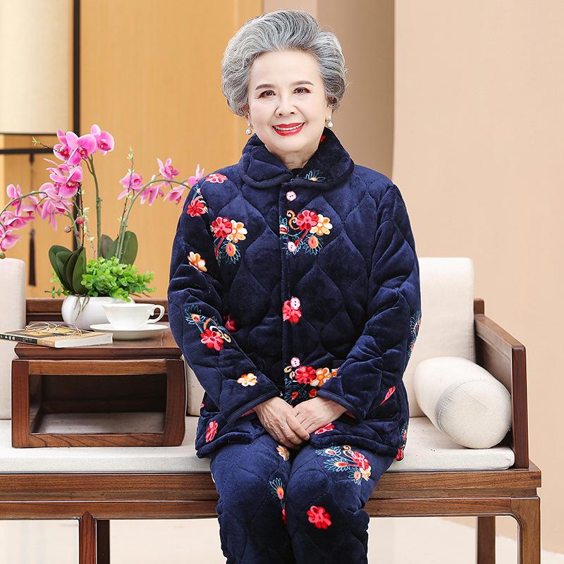 Pajamas three-layer thickened loungewear coral fleece clothes fleece clothes the elderly winter suit women