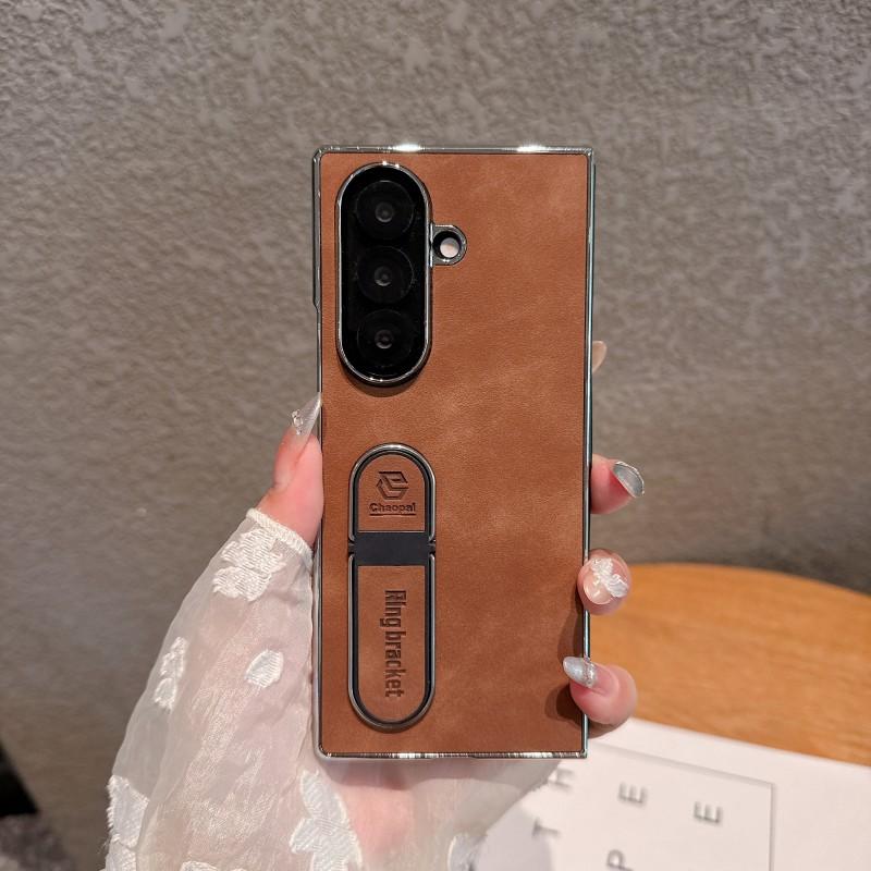 For Samsung Galaxy Z Fold 8 7 6 5 4 3 Phone Case, Skin-like Feel, Electroplated PC Leather, Finger Ring Stand,