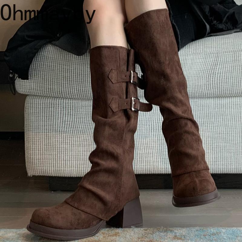 Retro Women Trouser Legs Removable Belt Buckle Autumn Winter Thick Heel Ladies Elegant Long Booties for Adult Women