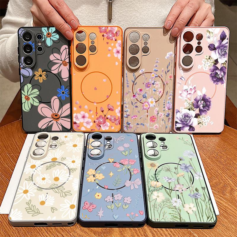 Custodia Magnetica Per Magsafe Per Samsung Galaxy S26 Ultra S25 Edge S24 Plus S23 FE S22 A17 A54 A55 A56 A57 5G Copertura Floreale Cartone Animato Margherite Fiore di Pesco