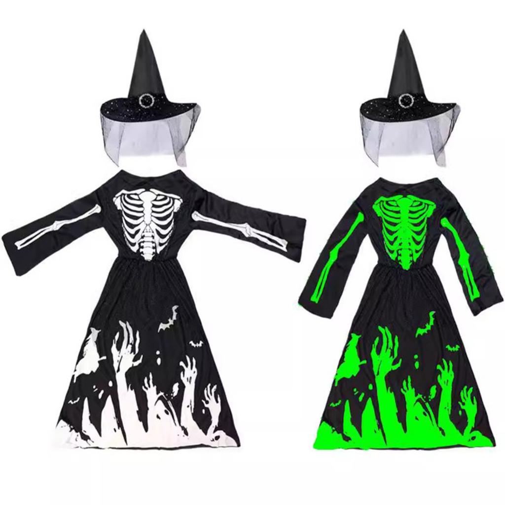 Halloween Girls Luminous Death Skull Skeleton Clothes Hat Girl Halloween Party Cos Children's Dress Up Costume