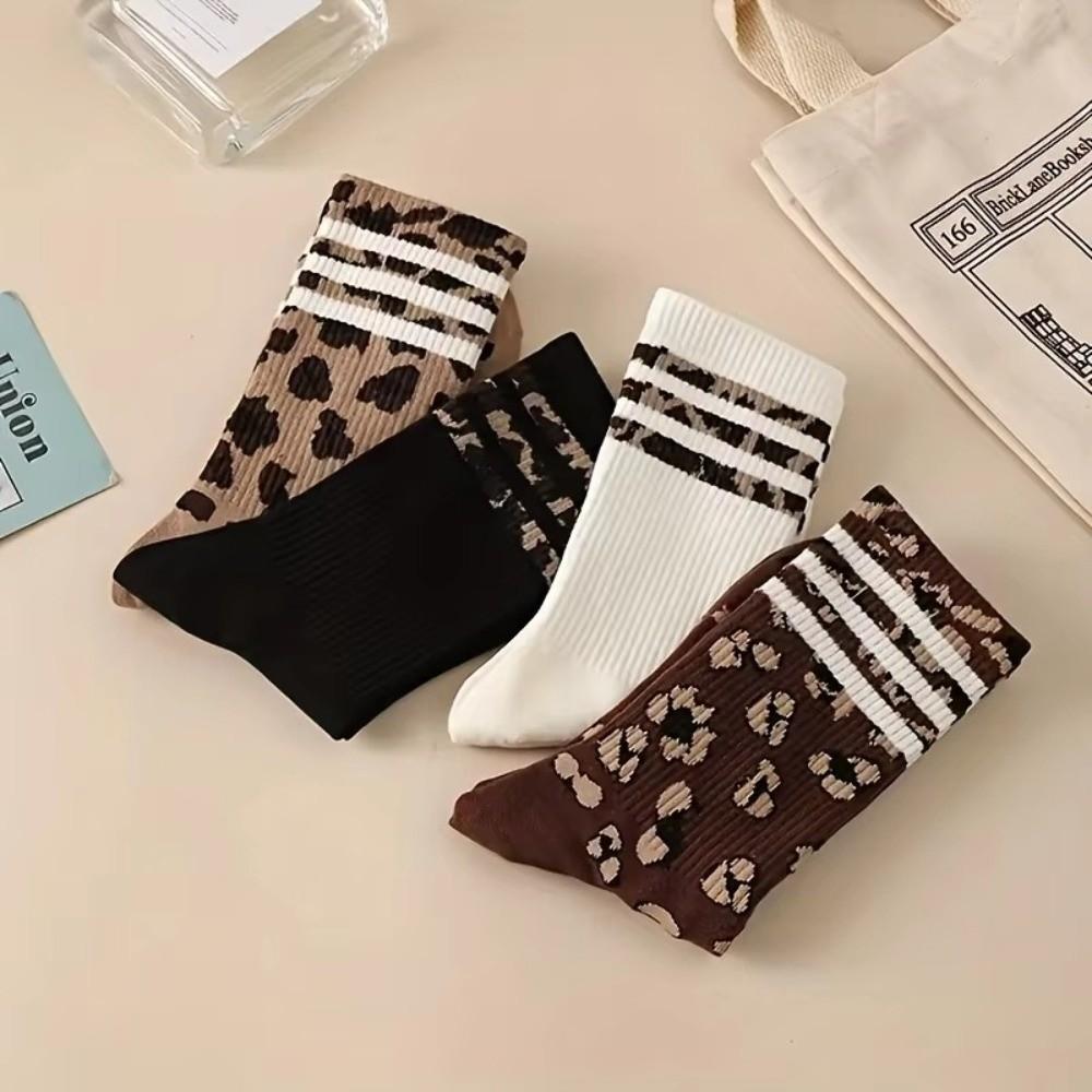 Leopard Print Crew Socks Striped Pattern Mid-Calf Socks Fashion High Tube Socks For Women