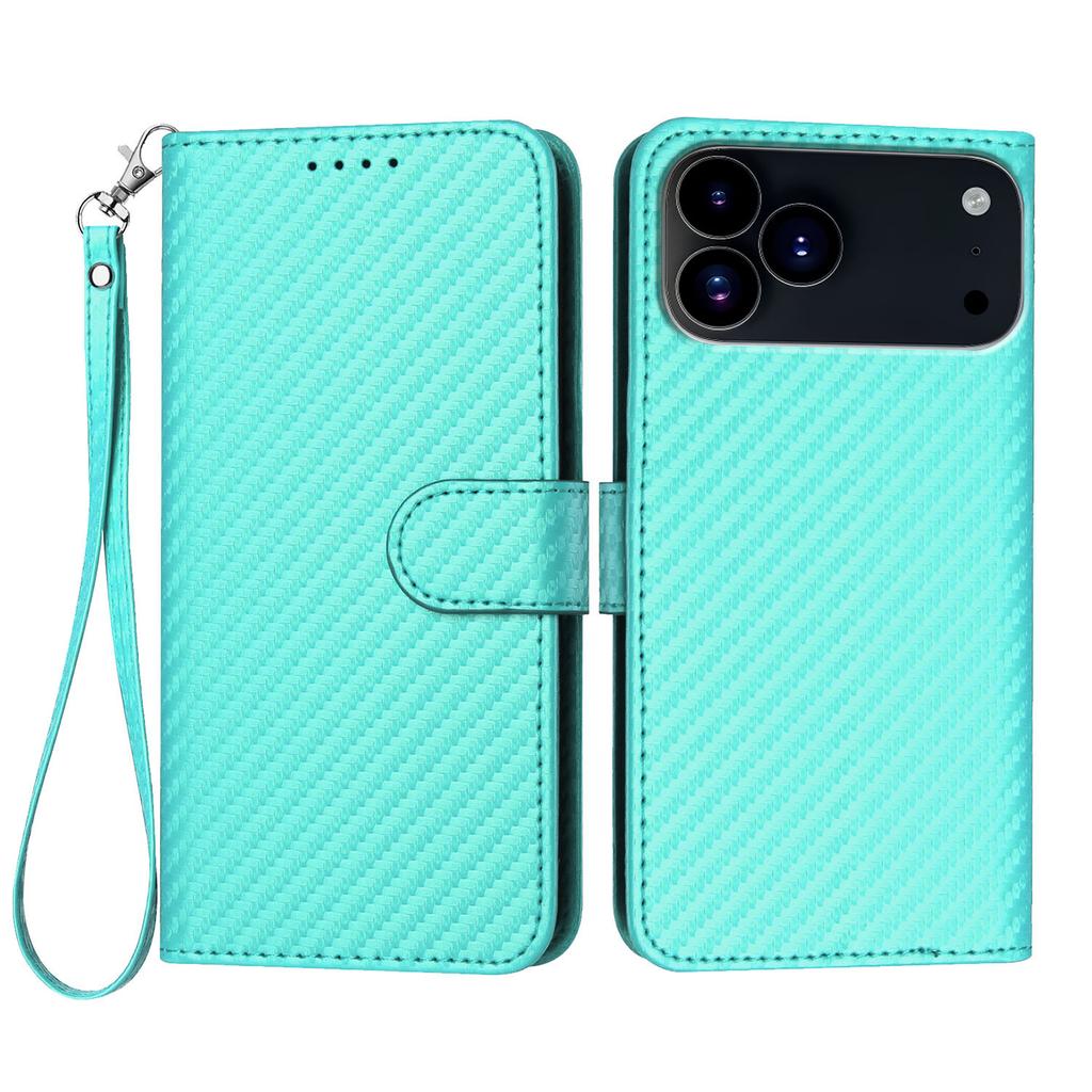 For iPhone 17 Pro Wallet Case with Strap Carbon Fiber Texture Leather Mobile Cover