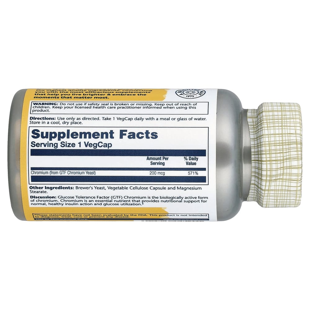 Solaray GTF Chromium 200mcg Veggie Capsules, 100 Count