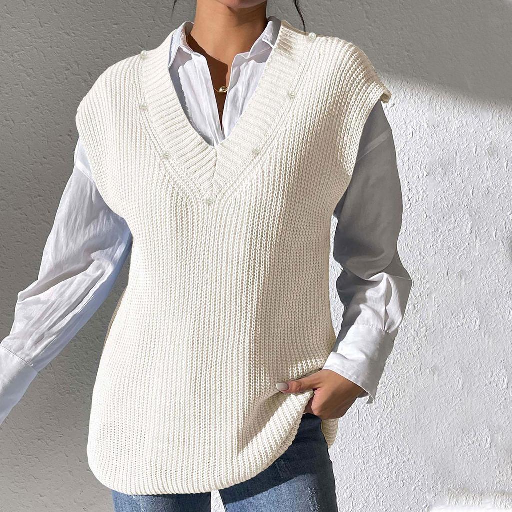 Dámská jarní a podzimní nová vesta s výstřihem do V, pletená vesta, bunda s perlovým zdobením