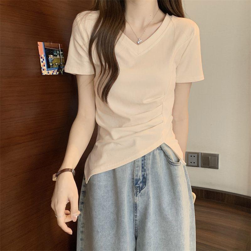 Women's V-neck Short Sleeve T-shirt Casual Slim Fit Side Ruched Solid Color Summer Top