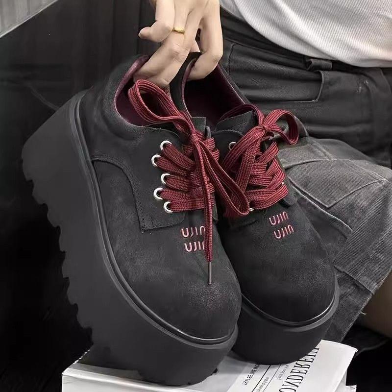 Fashion Frosted Cowhide Muffin Thick-soled Small Leather Shoes Women's Retro Polished Round Head Lace-up Small Height-enhancing Loafers