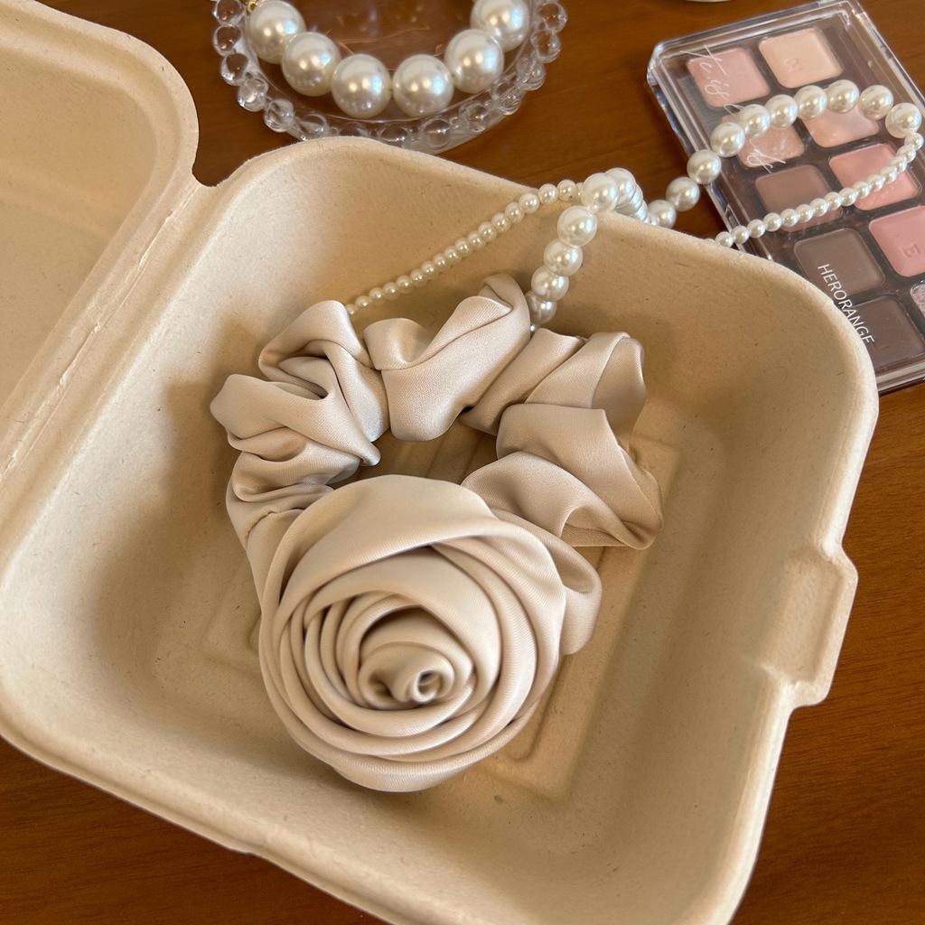 1pc Elegant Satin Rose Hair Ring, High Elastic Headrope Headband, Floral Hair Accessory, Imitation Silky, Solid Color, Sweet Style