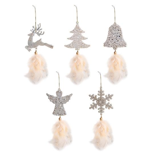 Christmas Tree Ornament Snowflake Plush Pendant Hanging Xmas Pendant with Feather Elements Sequins Bells Winter New Year Party Decor