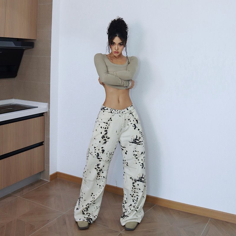 

[Autumn and Winter Trousers] Beige White Leopard Print Lower Waist Level Trendy Frontline American Gyaru Super Soft Fabric Jeans Women Beige Leopard Long 2XL
