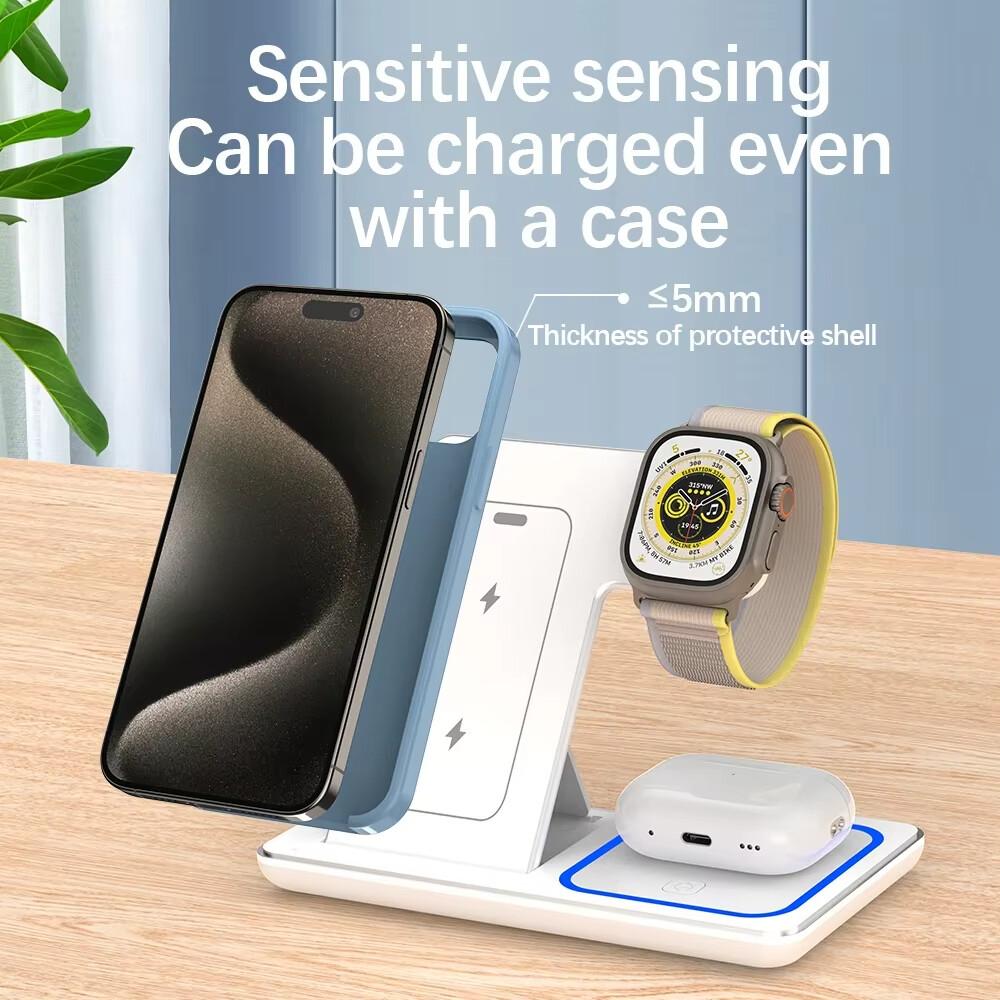 30W 3-i-1 Vikbar LED Snabb Trådlös Laddare Ställ Laddningsstation För Apple 15 14 13 12 11 Apple Watch 9 8 7 6 5 Airpods Pro