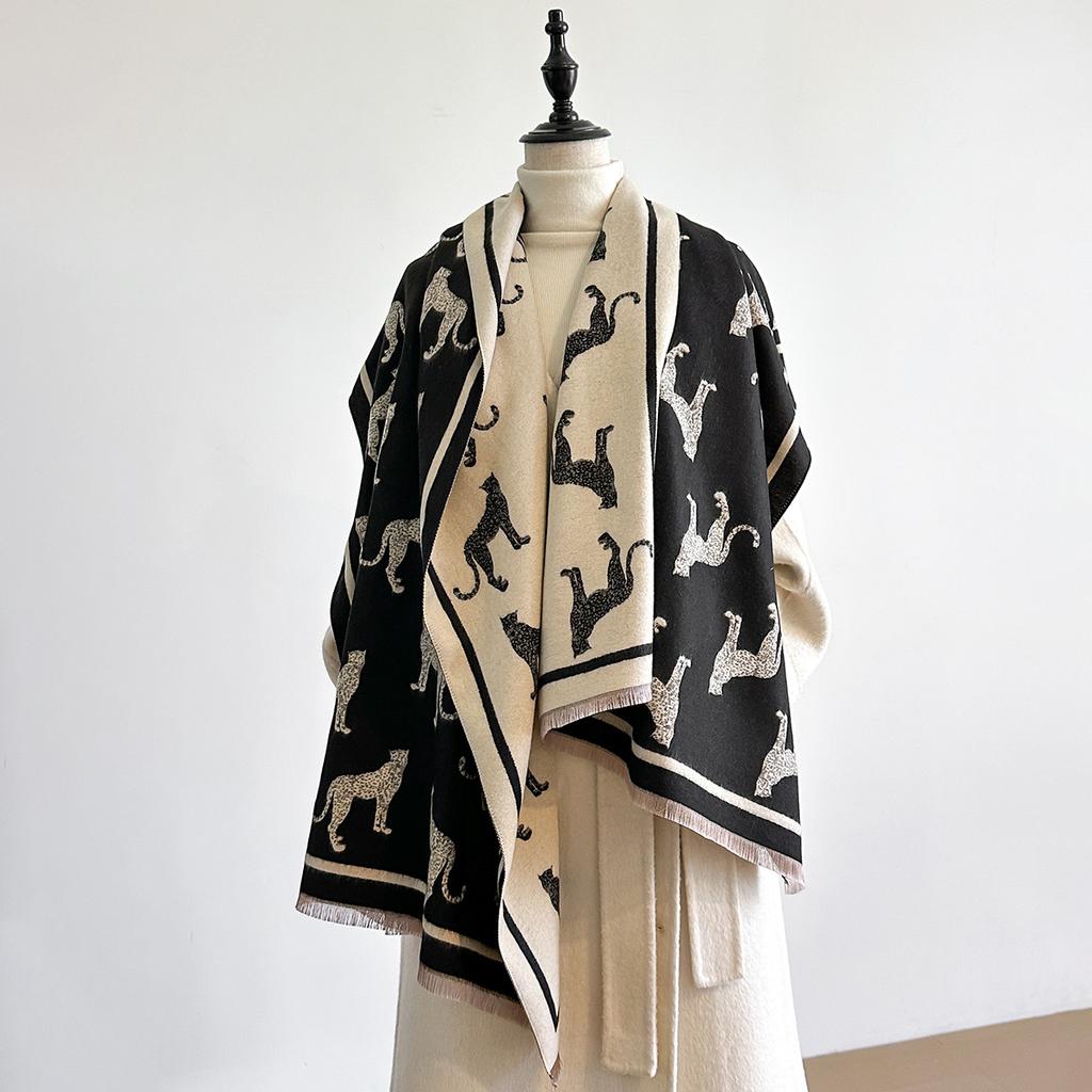 Retro leopard imitation cashmere fringed long towel for women's double-sided thickened warm elegant scarf air conditioner shawl