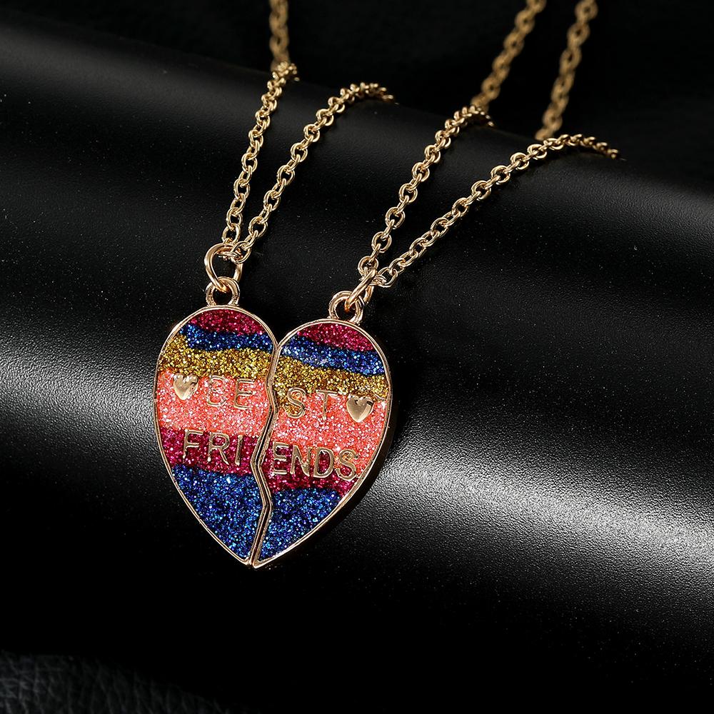 Colorful Glitter Design Broken Heart Best Friends Golden Necklace Set Of 2 For Girls Ladybro Friendship Chain Jewelry Gift