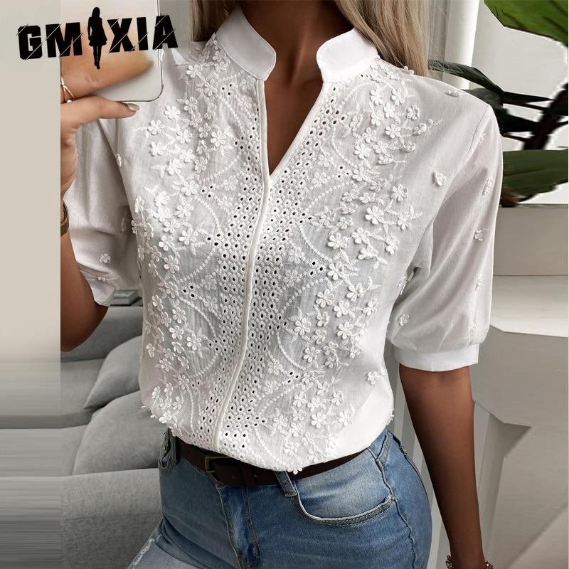 GMXIA Women's Fashion Casual Solid Color Print Short Sleeve V Neck Blouses & Shirts