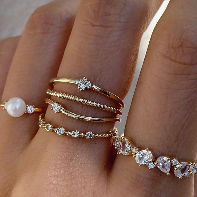 

9Pcs/set New Geometric Rhinestone Multi-Layer Stacked Open Ring for Women Adjustable Pearl Ring Fashion Wedding Zircon Gifts