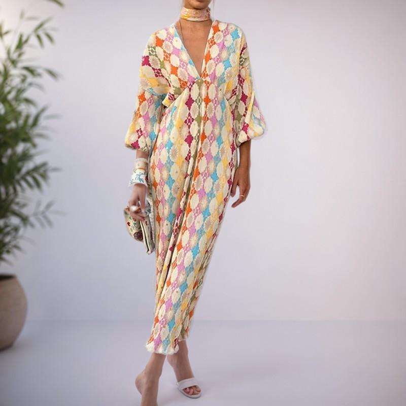 

European American Women s Clothing Temperament Elegant Printed V-neck Lantern Half-sleeve Dress 3XL