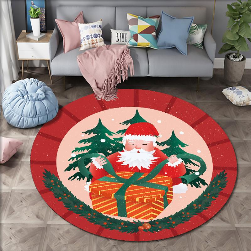 Cartoon Christmas Carpet Round Carpet Santa Claus Sofa Carpet Home Living Room Bedroom Bathroom Printed Decorative Carpet