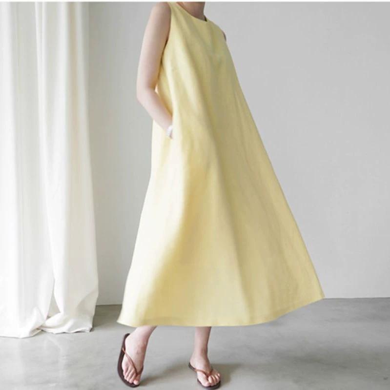 

Летняя корейская версия хлопкового и льняного жилета без рукавов, свободного и тонкого льняного литературного платья выше колена для женщин XL жёлтый