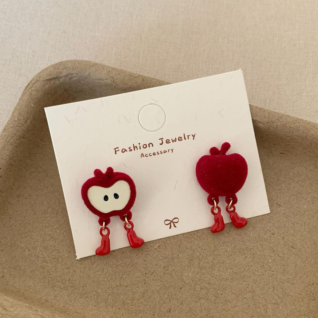 Náušnice kreslené červené jablko na jarní svátky - Stříbrná jehla Sladká zábava na Nový rok