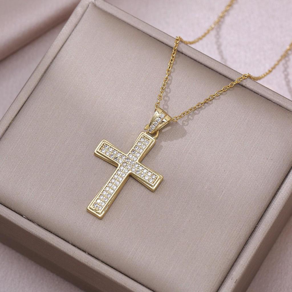 Damen Bunte Zirkon Kreuz Halskette - Nischendesign mit Voll-Diamant-Anhänger an Edelstahlkette