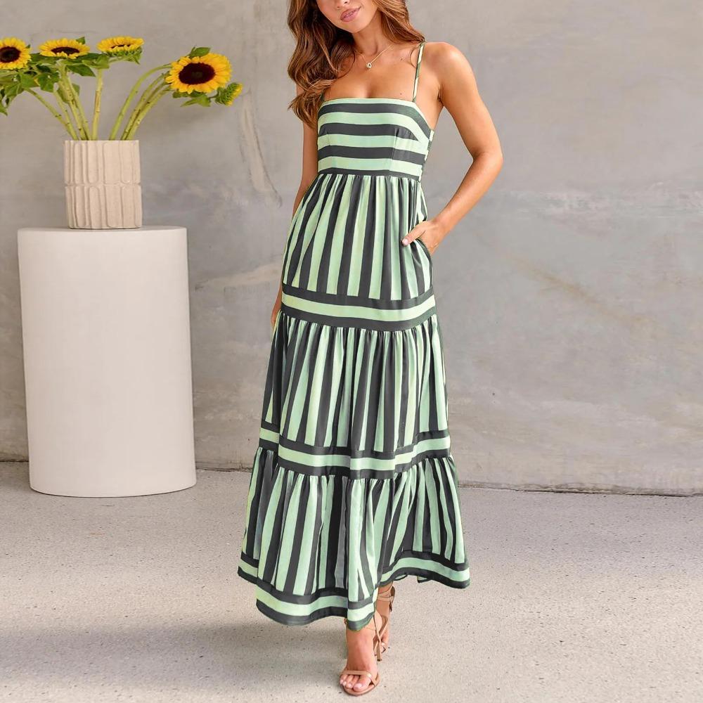 

Summer Casual Spaghetti Strap Long Dresses for Women Print Strap Sleeveless Dress Beach Vacation Sundress Vestido Fiesta Mujer L темно-зеленого