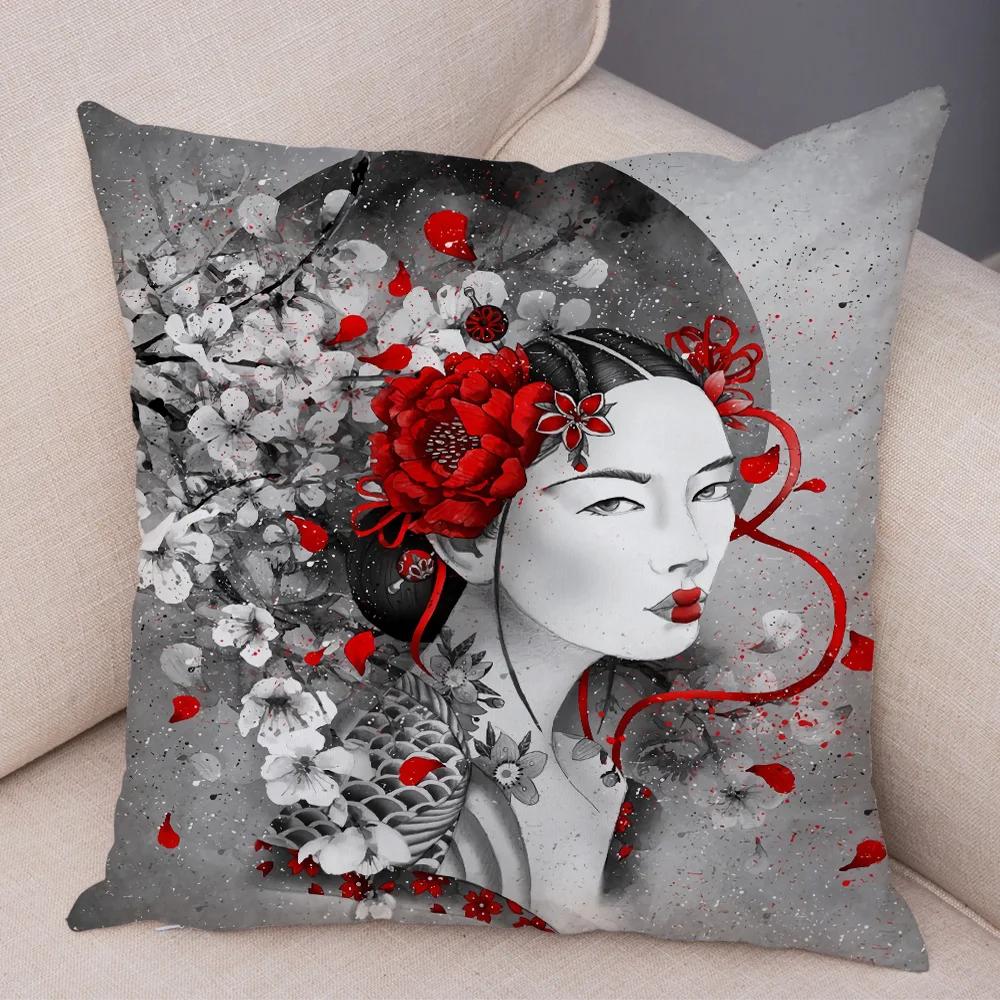 Japan Style Ink Warrior Cushion Cover for Sofa Home Double Print Decor Beautiful Scenery Girl Pillowcase Soft Plush Pillow Case