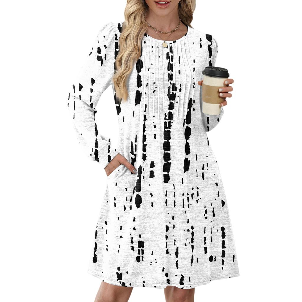 Women's Long Sleeve Pleated Round Neck Vintage Floral Print Casual Dress With Pockets