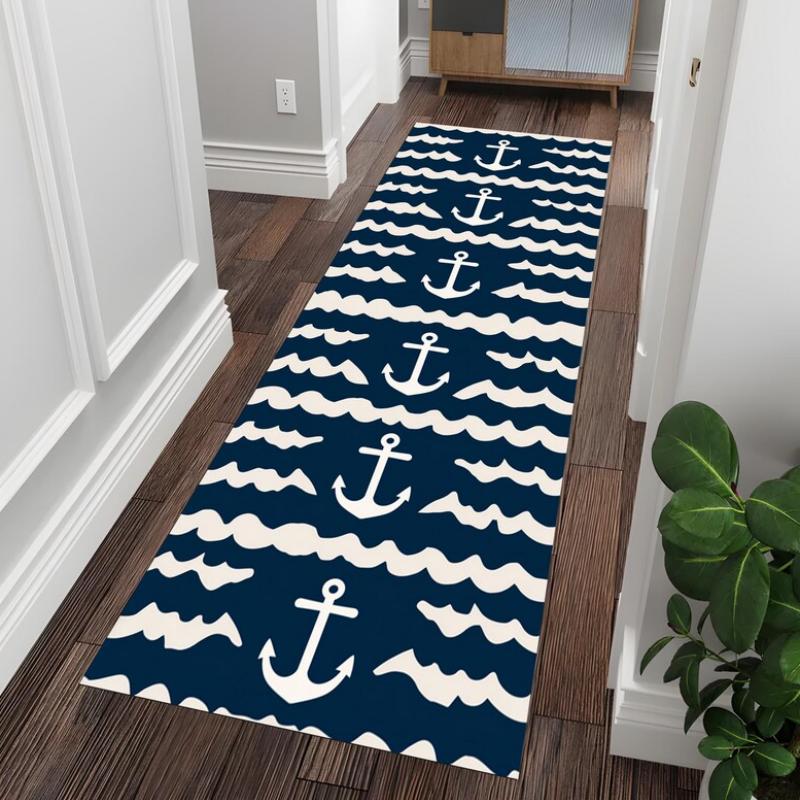 Alfombra Runner de Onda Náutica Ancla Azul Marino Estampado Marino Blanco Alfombra Antideslizante Estilo Costero Entrada Pasillo Dormitorio Decoración del Hogar Alfombra