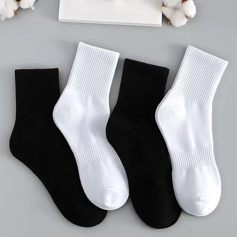 Summer Mid-calf Socks, Breathable Sports Cotton Socks for Men and Women, Black and White, High Rubber Band, Thickened Towel Soles