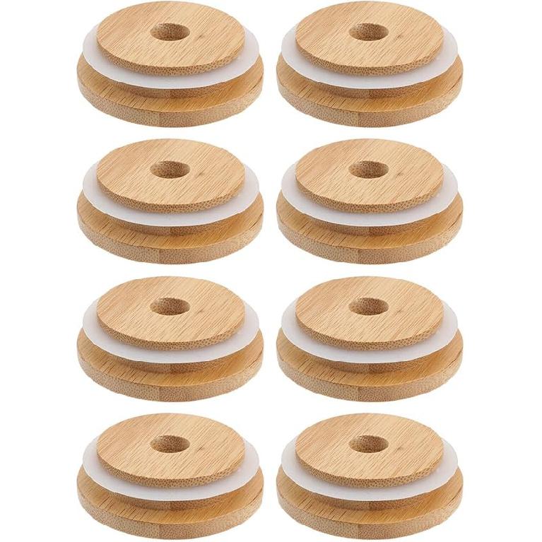 DOITOOL 16Pcs Bamboo Jar Lids with Straw Hole,Reusable Bamboo Lids for Beer Can Glass,Bamboo Mason Jar Lids with Straw Hole for Regular Mason Jar 8PCS 70MM