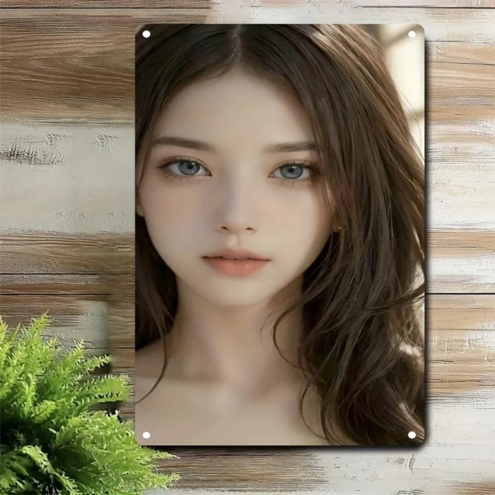Korean Art Metal Sign - Asian Woman Face Portrait Iron Wall Decor for Home Bar Cafe, Durable 2D Flat Poster