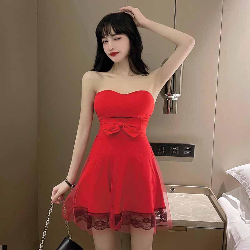 

Sexy tube top bow slim dress bridesmaid dress L червоний
