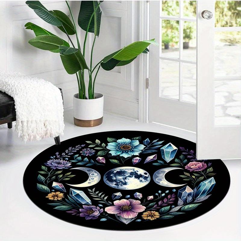 Floral Celestial Round Carpet, Polyester Black Background with Vibrant Flowers Planets for Living Room Home Decor