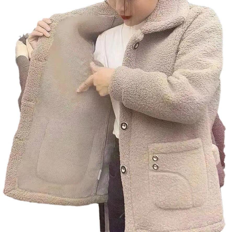 Mid-Length Fleece-Lined Faux Lamb Wool Women's Warm Coat