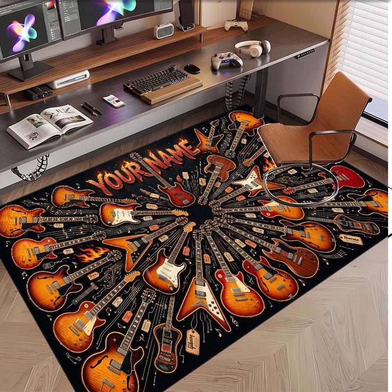 Music Guitar Theme Soft Crystal Velvet Rug Custom Name & Text Print Non Slip Floor Rug for Bedroom Living Room