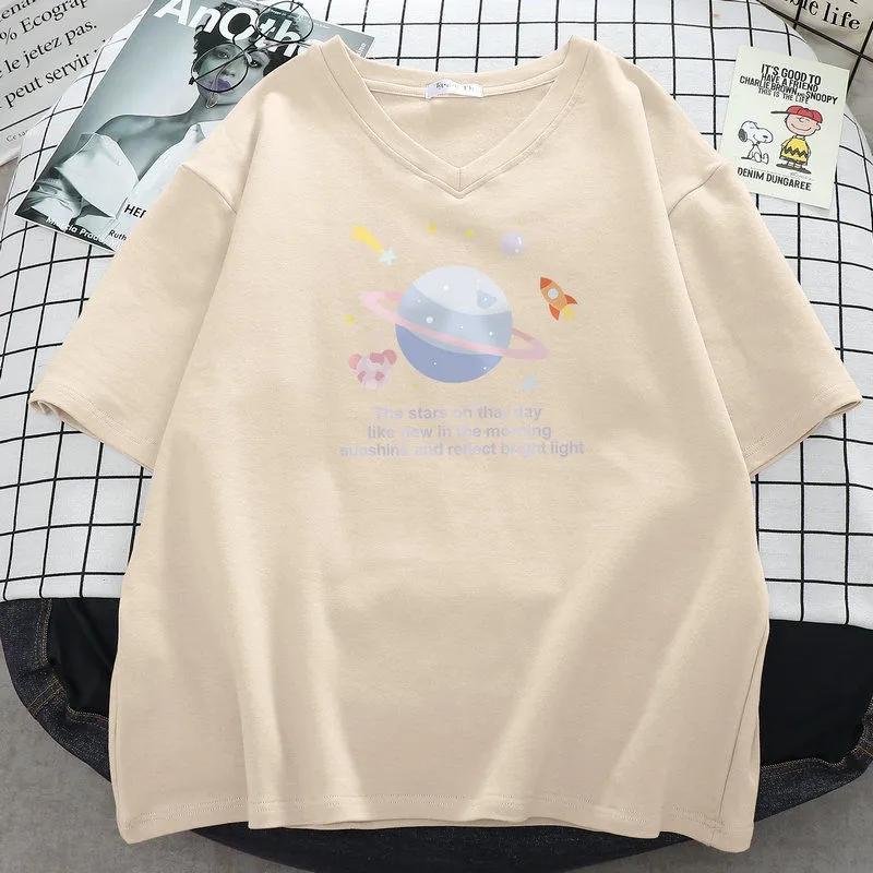 

Korean Summer Sweet printed Tshirt Women V Neck Allmatch t shirt Tops Leisure Tees S