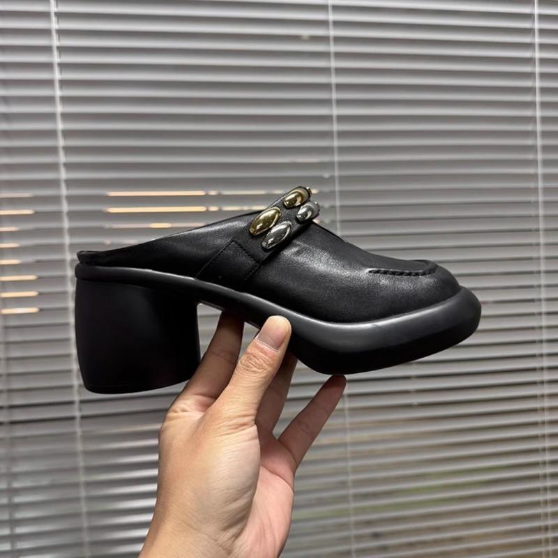 Fashion Round Heel Platform Baotou Half Drag Women Fashion Outside Wear Round Toe Deep Mouth Metal Buckle High Heels