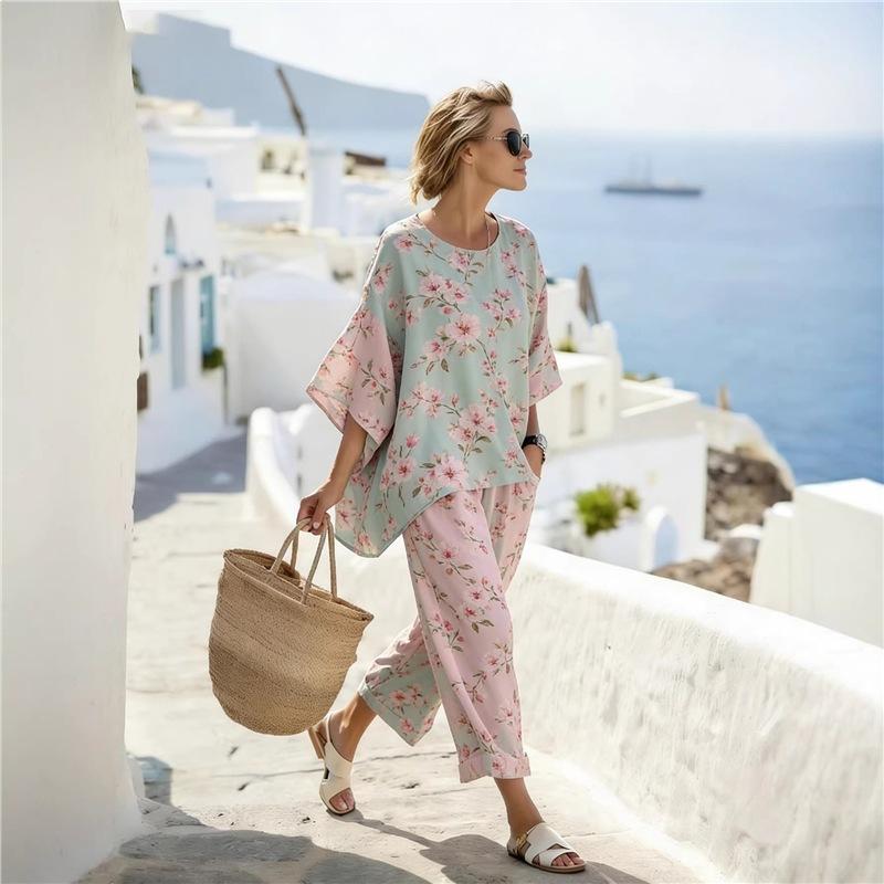 European and American bohemian style women's vacation style retro printing loose new round neck linen casual suit