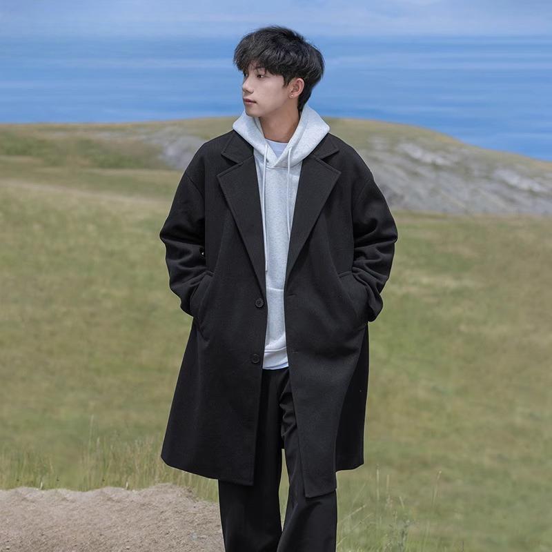 Весенне-осенний мужской шерстяной тренчкот средней длины M чёрный