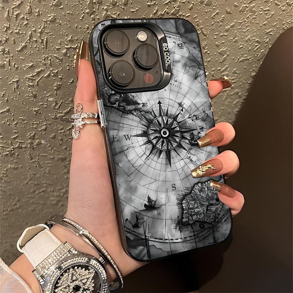 Wood Compass Clock Art Phone Case For iPhone 16,15,14,13,12,11,Pro,Max,Plus,Mini,XS,SE Anti Fall Black Matte Hard Bumper