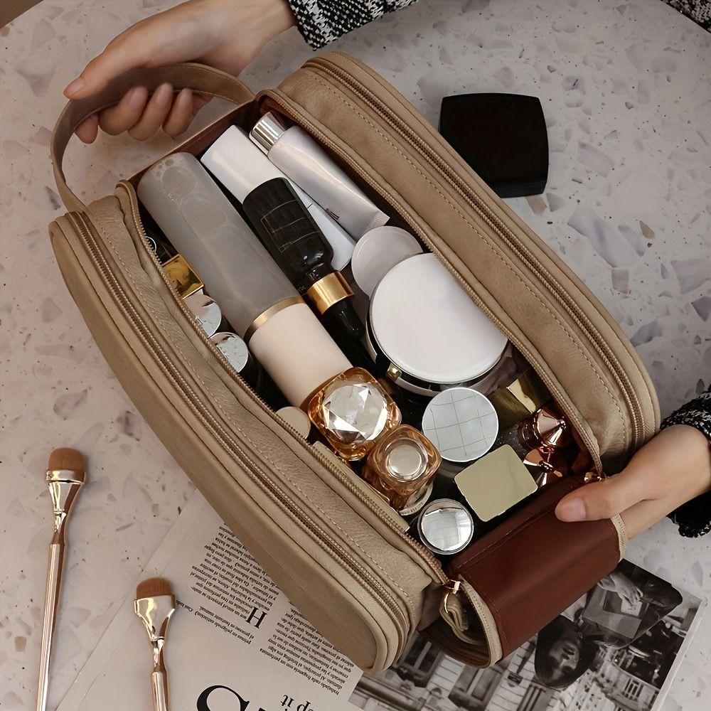 

Large Capacity Skincare Storage Pouch Double Zipper Travel Cosmetics Bag Leather Wash Bag Outdoor рожевий