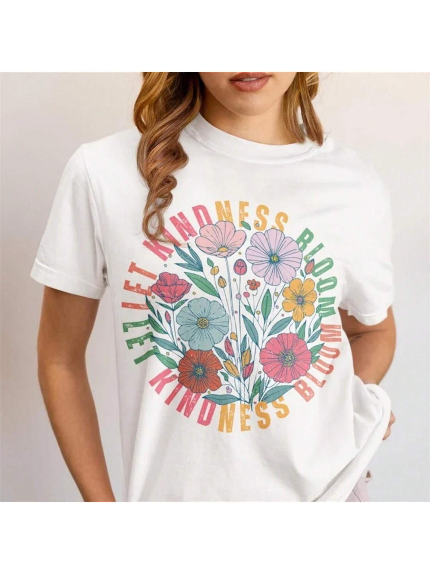 Let Kindness Bloom Wounisex s T-Shirt Cute Flowers Short Sleeved Clothing Top Lady Casual Tee Fashionable Wounisex s Summer  Tee S разноцветный
