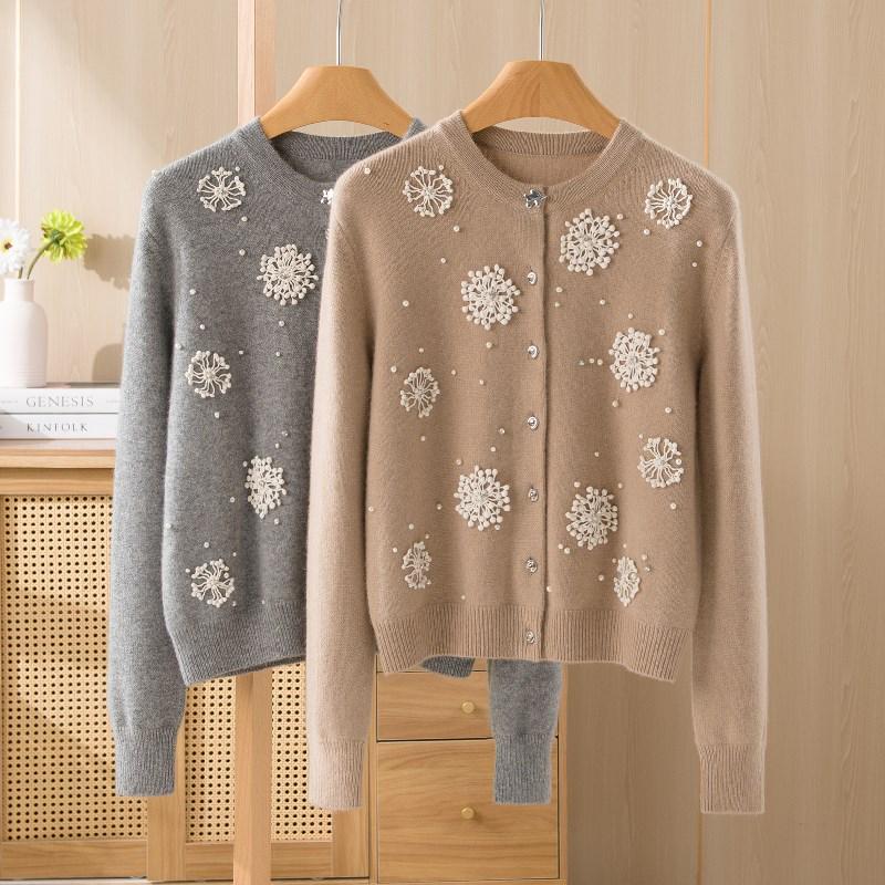 2025 Women's Cashmere Openwork Flower Cardigan - Solid Color, Round Neck, Long Sleeve, Warm Sweater