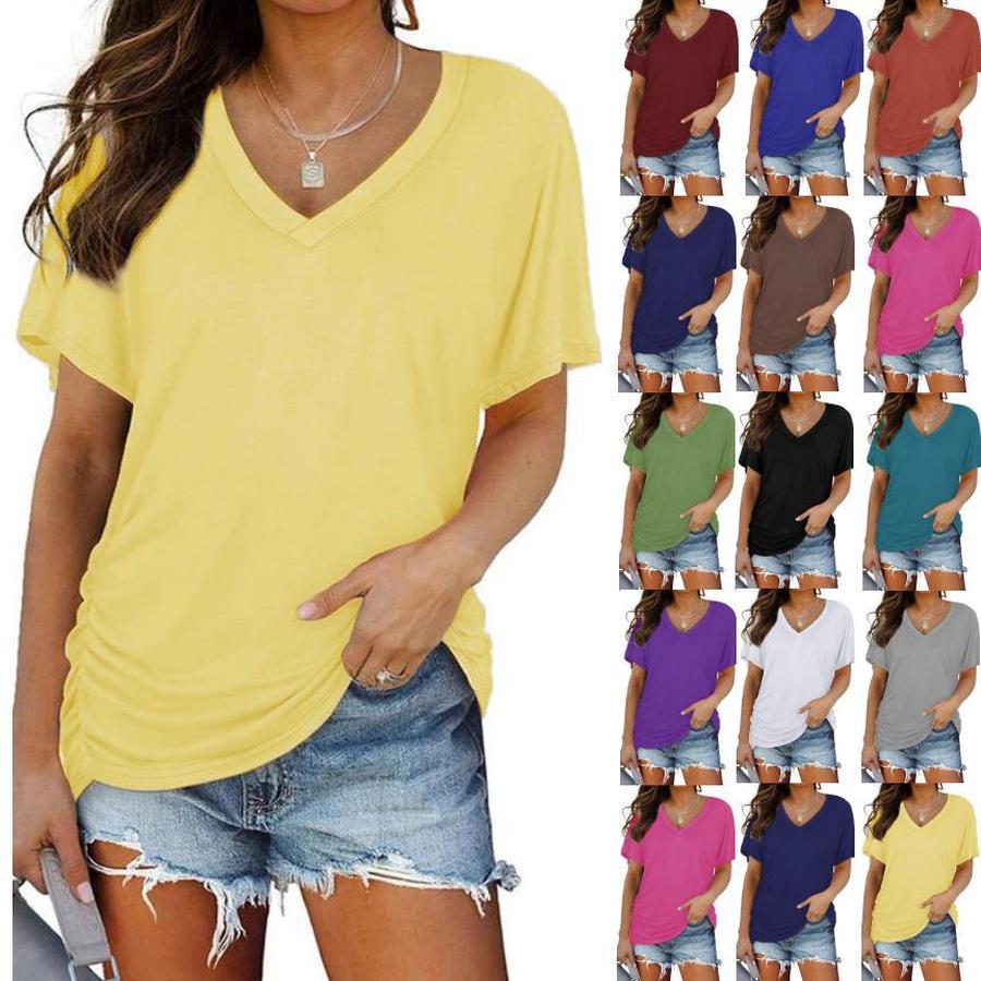 Summer Women's T-Shirt V-Neck Solid Short Sleeve Top