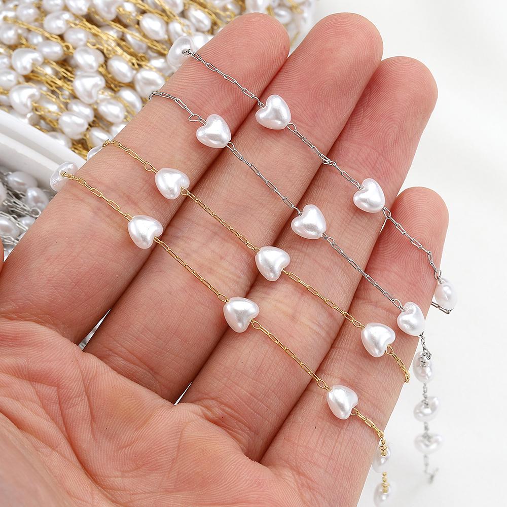 2meters 1meter Love Heart Chain Stainless Steel ABS Pearl Beads Chains for Necklace Bracelet Jewelry Making DIY Wholesale