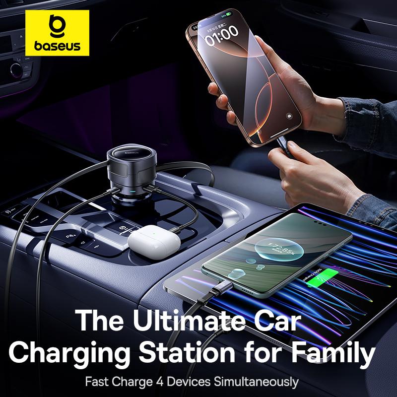 Baseus 90W USB Type-C Car Charger Dual Retractable Cable PD QC SCP AFC PPS Fast Charging For Tablet iPhone Samsung Huawei Xiaomi