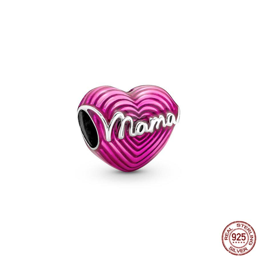 Fine S925 Sterling Silver Love You Mom Double Heart Split Dangle Charm Beads Fit Original  Bracelet DIY Women Jewelry Gift