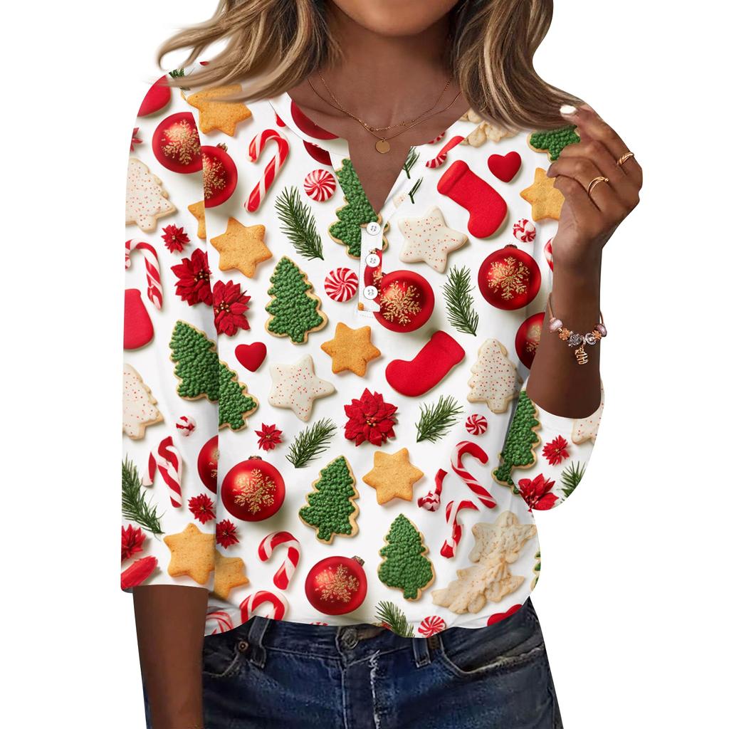 Women's Casual Christmas Print V-Neck 3/4 Sleeve Button-Front T-Shirt